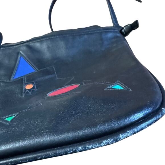 Ilze Heider Artsy Leather Design Crossbody Purse Black Colorful Shapes Eclectic - Picture 11 of 13